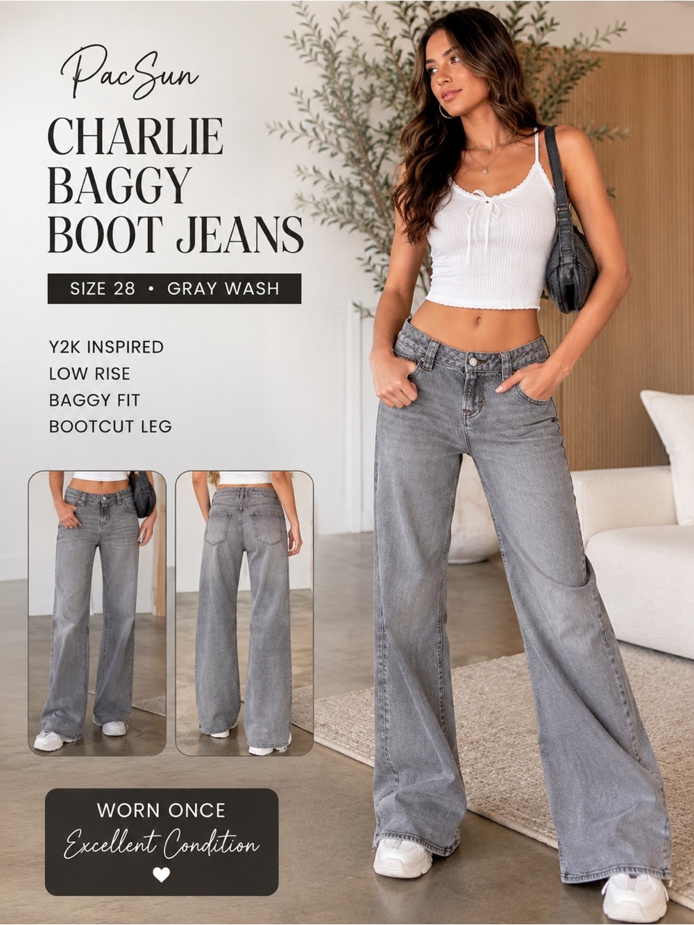 PacSun Charlie Baggy Boot Jeans 28 Gray Wash Low Rise Y2K Wide Leg Denim